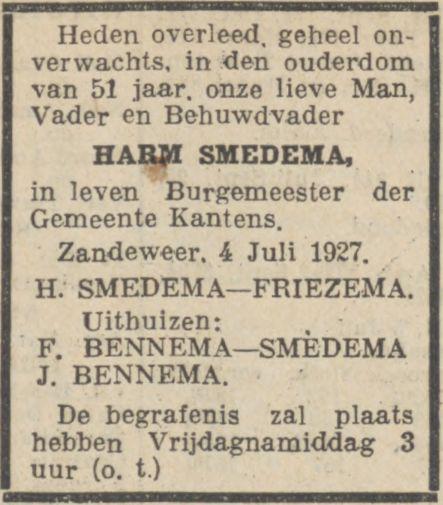 overlijdensadvertentie harm smedema op 4 jul 1927.